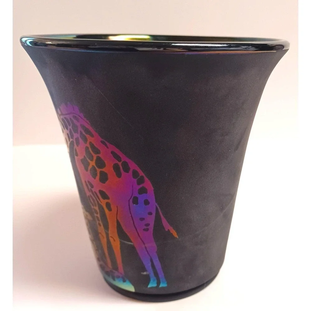 Vintage Fenton Glass OOAK Giraffe Vase Black Green Purple Sand Carved Custom